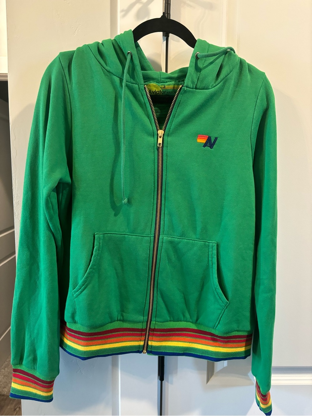 Aviator Nation Green Kids Zip Hoodie with Rainbow Ribbing new without tags
